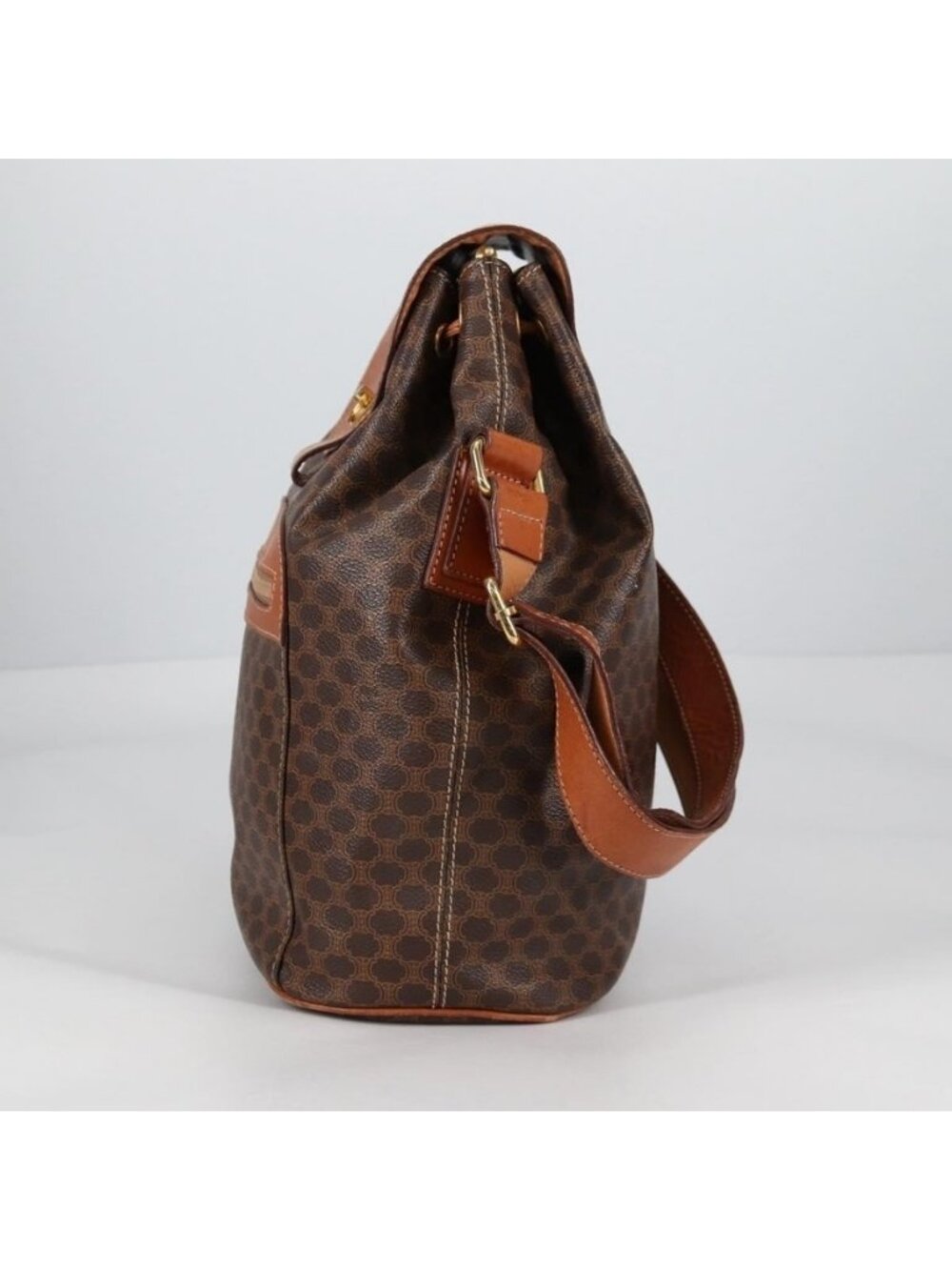Authentic CELINE Macadam Canvas Shoulder Bag PVC Leather Brown Gold - Picture 11 of 16